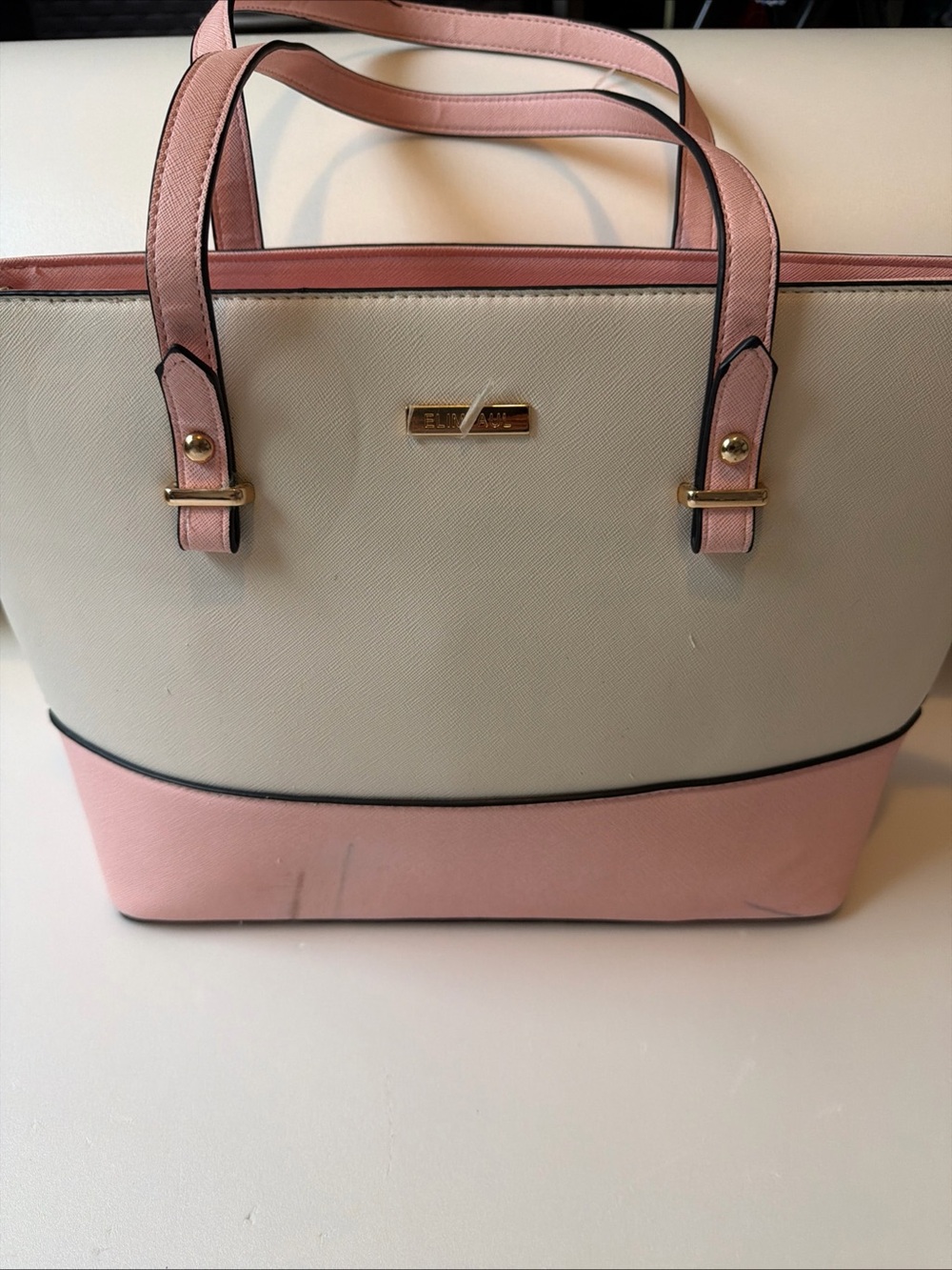 Two-Tone White and Pink Structured Tote with Gold Accents